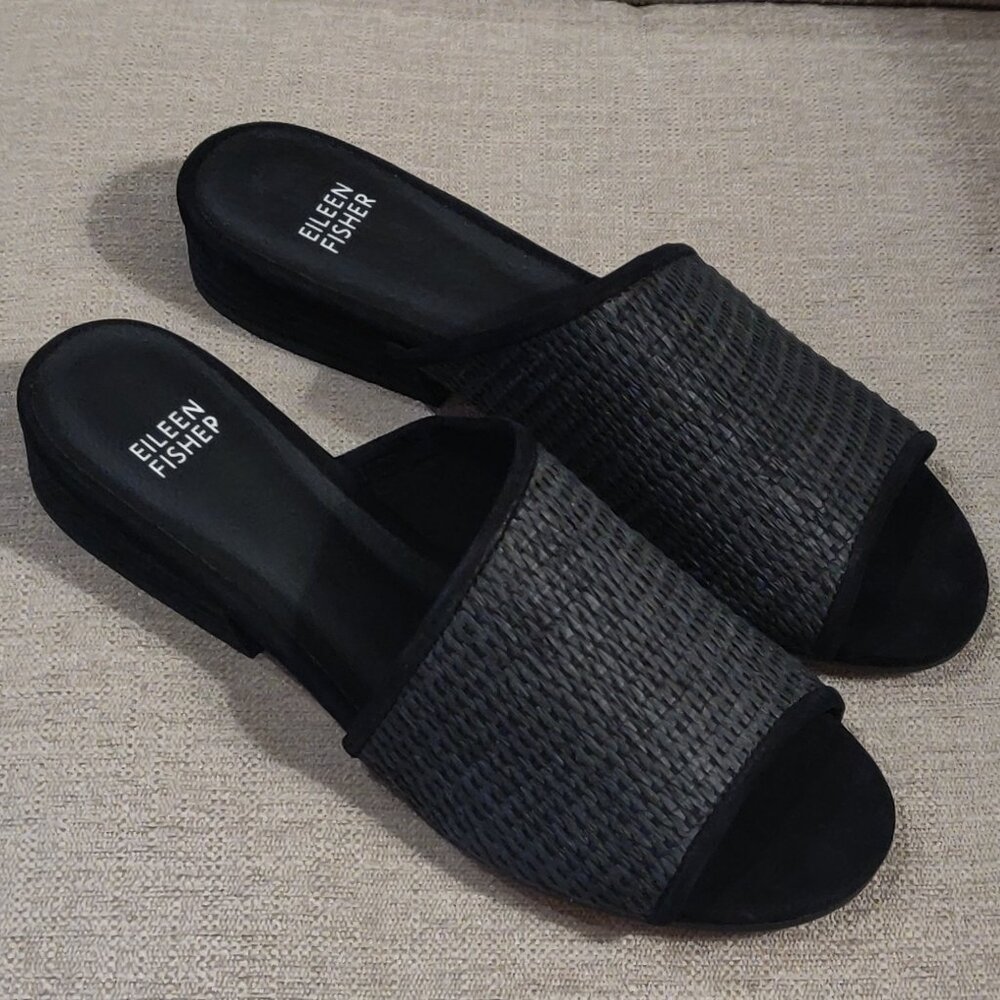 Eileen Fisher Noko Raffia Slide Sandals Black Size 8.5